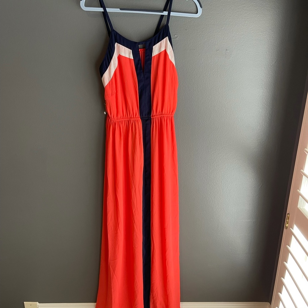 Coral maxi dress with navy and white accents